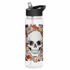 Image of SKULL UNION JACK ROSES 500ML PLASTIC WATER SPORTS DRINKS LUNCH BOTTLE WITH STRAW