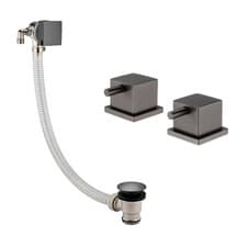 Image of Bath Filler Waste Overflow w/ 2x Deck Side Valves Square Pop Up Gunmetal Grey