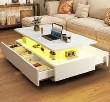 Image of Coffee Table High Gloss Black/White Tempered Glass 2 Drawers Modern Living Room