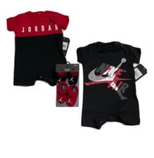 Image of Nike Air Jordan Baby Boy 4 PC Set: 2 Rompers, Red/BLK & Black, 2-PK Booties 3M
