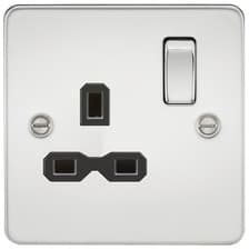 Image of Flat plate 13A 1G DP switched socket - polished chrome with black insert