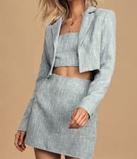 Image of Lulu's Main Idea Light Blue Tweed open Cropped Blazer in light blue size L NEW