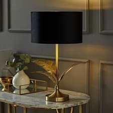 Image of Christina Gold Leaf Table Lamp Velvet Metallic Drum Lampshade Bedroom LED Lights