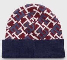 Image of Tommy Hilfiger Iconic Monogram Beanie Red Blue Turn Up Knit Winter Hat Unisex
