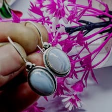 Image of Blue Lace Agate Gemstone Dangle Earring, 925 Sterling Silver Handmade Earring.