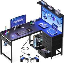 Image of Coleshome L Shaped Gaming Desk with Drawers & Shelf, 110 × 80 cm Reversible