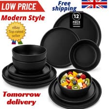 Image of Black Dinner Set for 4, 12 Piece Elegant Crockery Sets with Matte Glaze