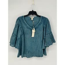 Image of Rachel Zoe Womens Teal Blue Embroidered Cotton Gauze Tiered Bell Sleeve Blouse L