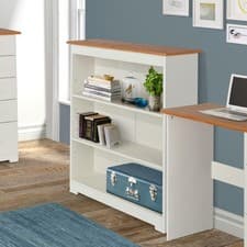 Image of Colorado Low Wide White Bookcase, Solid Pine, Adjustable Shelves, Oak Top