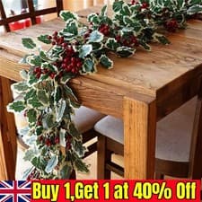Image of Hot 2M Holly Leaves Decor Christmas Garland Fake Red Berries Artificial Greenery