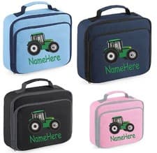 Image of Personalised Embroidered Green Tractor Lunch cool Bag School Dinner Any Name.