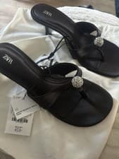 Image of Zara Black Heeled Mules Size 4 Diamanté Detail Brand New With Dust Bag
