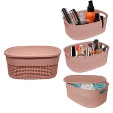 Image of 4L Plastic Storage Basket With Lid & Handle Home Office Tidy Organiser - PINK