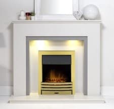 Image of WHITE MARBLE STONE GREY FIREPLACE BRASS ELECTRIC FIRE SURROUND DOWN LIGHTS COAL