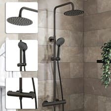 Image of Bathroom Thermostatic Mixer Shower Set Round Black Matte Twin Head Exposed Valve