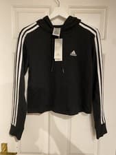 Image of adidas Women’s 3 Stripped Cropped Hoodie - Black - Size XS