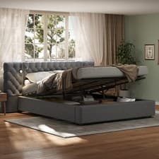 Image of Super King Velvet Bed w/ Hydraulic Storage & Reading Light, Wide Headboard, Grey