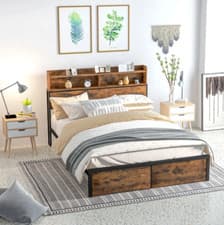 Image of Large Bed Frame King Size Bedroom Furniture Rustic Metal Industrial Headboard