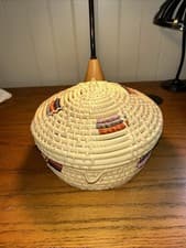 Image of Large Hand Woven Coiled Seagrass Basket with Lid Storage Basket. New Condition.