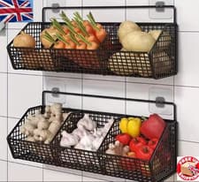 Image of Wall Mounted Wire Storage Basket Vegetable Fruit Rack Kitchen Organiser Shelf