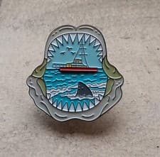 Image of Jaws Metal Enamel Pin Badge Brooch Steven Spielberg Shark Teeth Attack Film Boat