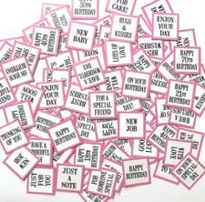 Image of 80+ Mini Square PINK MIXED MESSAGES SENTIMENTS -PRINTED CARD TOPPERS 2.5cm