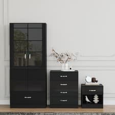 Image of 3 Piece High Gloss Bedroom Furniture Bedside Table Wardrobe Set Chest of Drawer