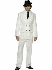 Image of Gangster/Mobster Suit 3Pc White & Blk Pinstripe Coat Pants & Blk Tie Costume Lg