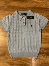 Image of Polo Ralph Lauren Women Cable Knit Short Sleeve Polo Jumper Blue Size M Cotton