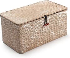 Image of Seagrass Storage Baskets with Lid Natural Rattan Woven Rectangular Organizer Bo