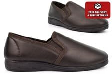 Image of Mens Leather Slippers Slip On Carpet Size 12 Size 6 Boys Slippers Rubber Sole
