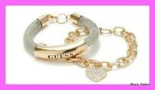 Image of GUESS Jeans Rhinestones Bangle Bracelet Logo Gold Tone Charms Mesh ID set of 2