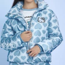 Image of Hello Kitty Forever 21 Heart Print Baby Blue Puffer Coat Jacket Size 3XL