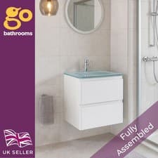 Image of 600mm Gloss White Bathroom Wall Hung Unit White Glass Basin Sink 2 Drawer