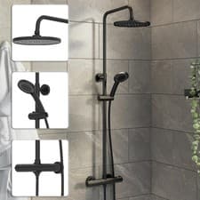 Image of Bathroom Mixer Shower Thermostatic Dual Head Round Rainfall Handset Matte Black