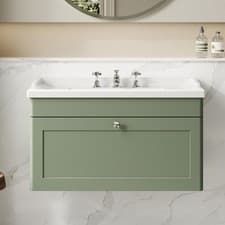 Image of Nuie Classique Wall Hung Vanity Unit & Basin 800mm Satin Green - 3 Tap Hole