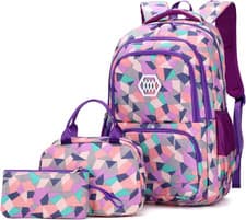 Image of 3-Piece Geometric Kids Backpack Set – Girls School Bag w/ Lunch Bag, Purple