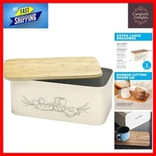 Image of Large Airtight Cream Bread Bin with Bamboo Lid & Cutting Board 10 x 7 x 6 Inches