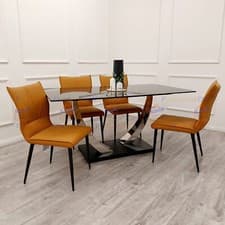 Image of Luxury Venus 160cm Black Sintered Stone Dining Table and 4 Chairs Flora Tan Set