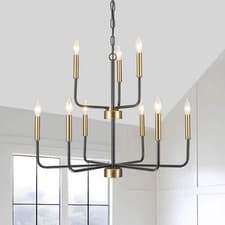 Image of 9 Lights Industrial Black and Gold 2-Tier Height Adjustable Candle Chandelier