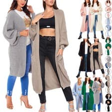 Image of Ladies Oversized Chunky Knitted Cardigan Cosy Balloon Sleeve Long Maxi Warm Wear