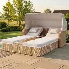 Image of Garden Rattan Daybed 2 Seater Wicker Sun Bed Lounger w/ Canopy Outdoor Furniture
