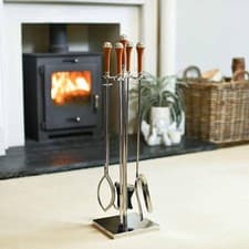 Image of Polished Silver Four Piece Companion Set With Leather Handles - 80cm