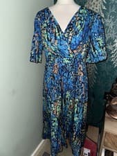 Image of vibrant blue and green patterned midi dress,wrap-style V-neck short sleeves 2XL