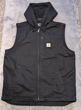 Image of Carhartt Relaxed Fit Washed Duck Fleece-Lined Hooded Gilet Size Large Black