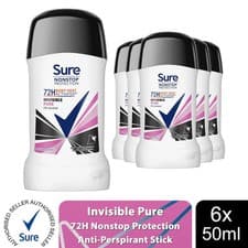 Image of Sure Women Invisible Pure Antiperspirant Stick 72H Nonstop Protection, 6x50ml