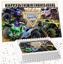 Image of MONSTER TRUCK PERSONALISED BIRTHDAY PARTY ICING EDIBLE COSTCO CAKE TOPPER MT-09