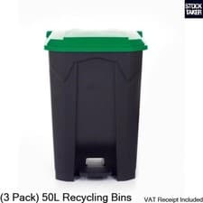Image of 3 Pack) 50L GPC Recycling Grey Pedal Bin Green Lid 50 Litre Rubbish Waste Office