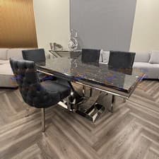 Image of 1.8m Arial Black & Gold Marble Dining Table U Shape and 6 Grey Buttoned Chairs