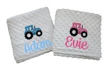 Image of BRIGHT TRACTOR PERSONALISED EMBROIDERED DIMPLE BABY BLANKET PINK BLUE